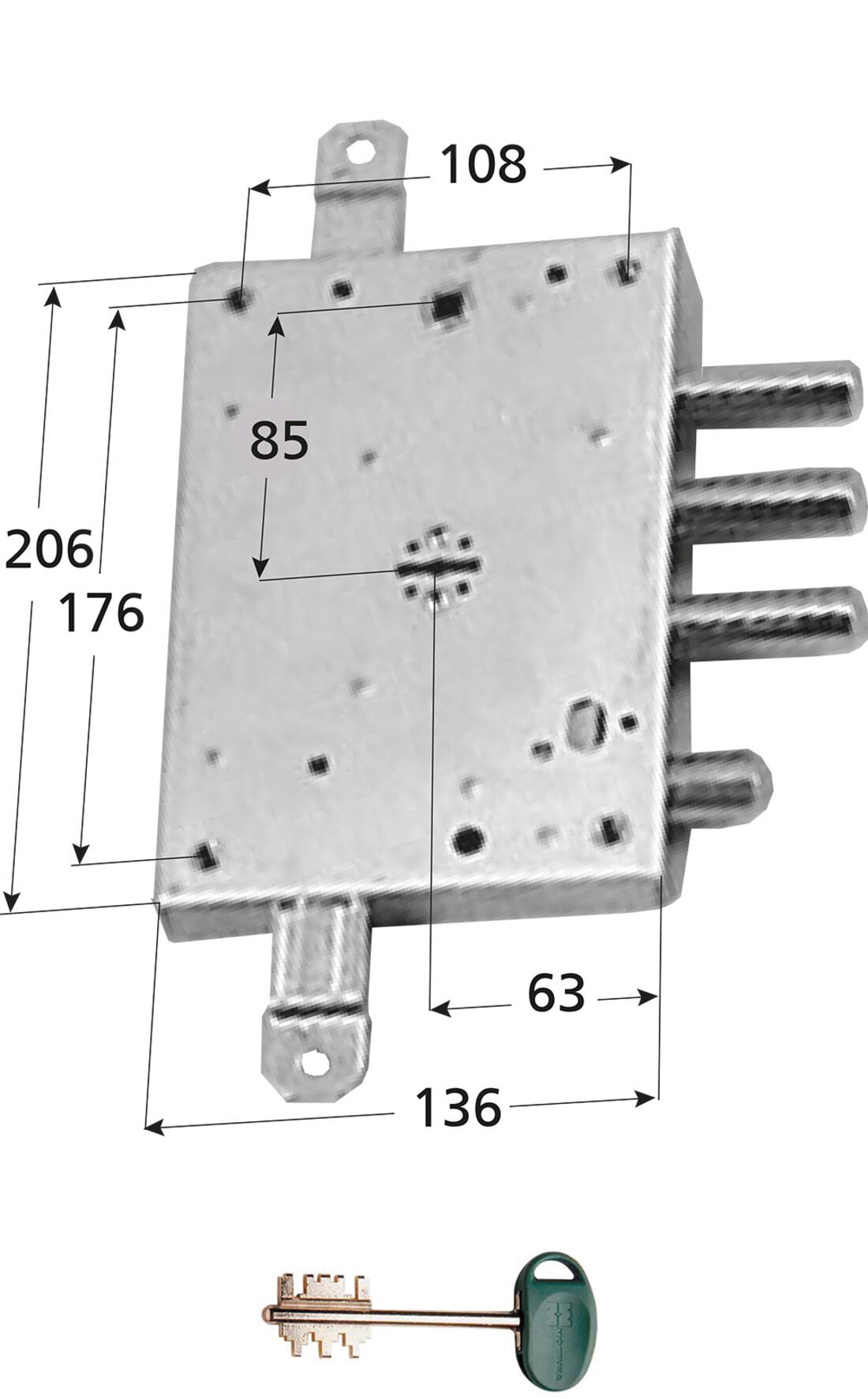 SERRATURA DI RICAMBIO GARDESA APPLICARE TRIPLICE SPOR. CAT. 10 DX FISSAGGIO 4 BOCCOLE MOTTURA - Serrature