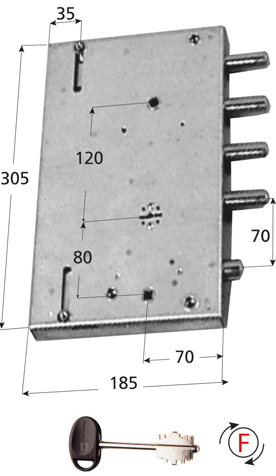 SERRATURA DI RICAMBIO GARDESA APPLICARE TRIPLICE SPOR. CAT. 3 FISSAGGIO CON 3 BUSSOLE DX MOTTURA - Serrature