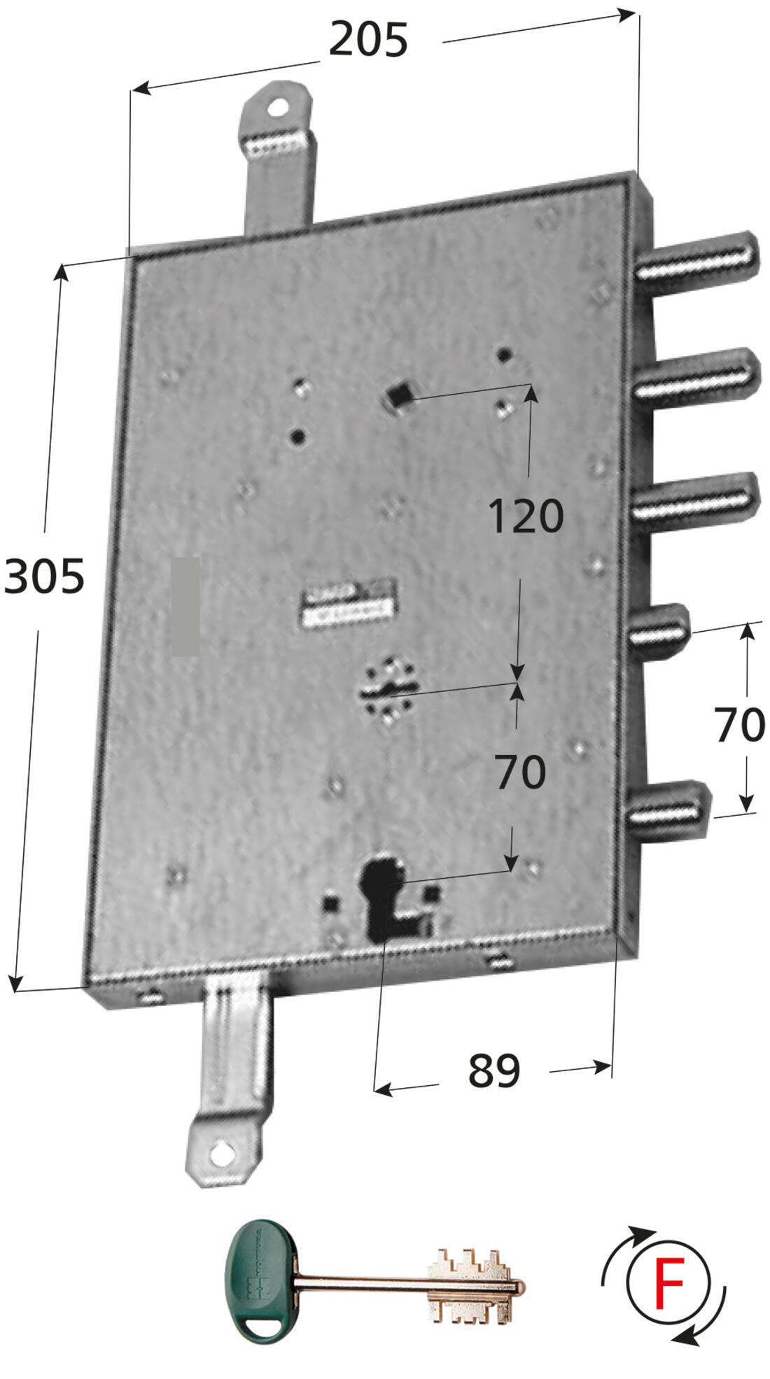 SERRATURA DI RICAMBIO GARDESA APPLICARE TRIPLICE SPOR. CAT. 5 CON FISSAGGIO CON 4 DADI DX MOTTURA - Serrature