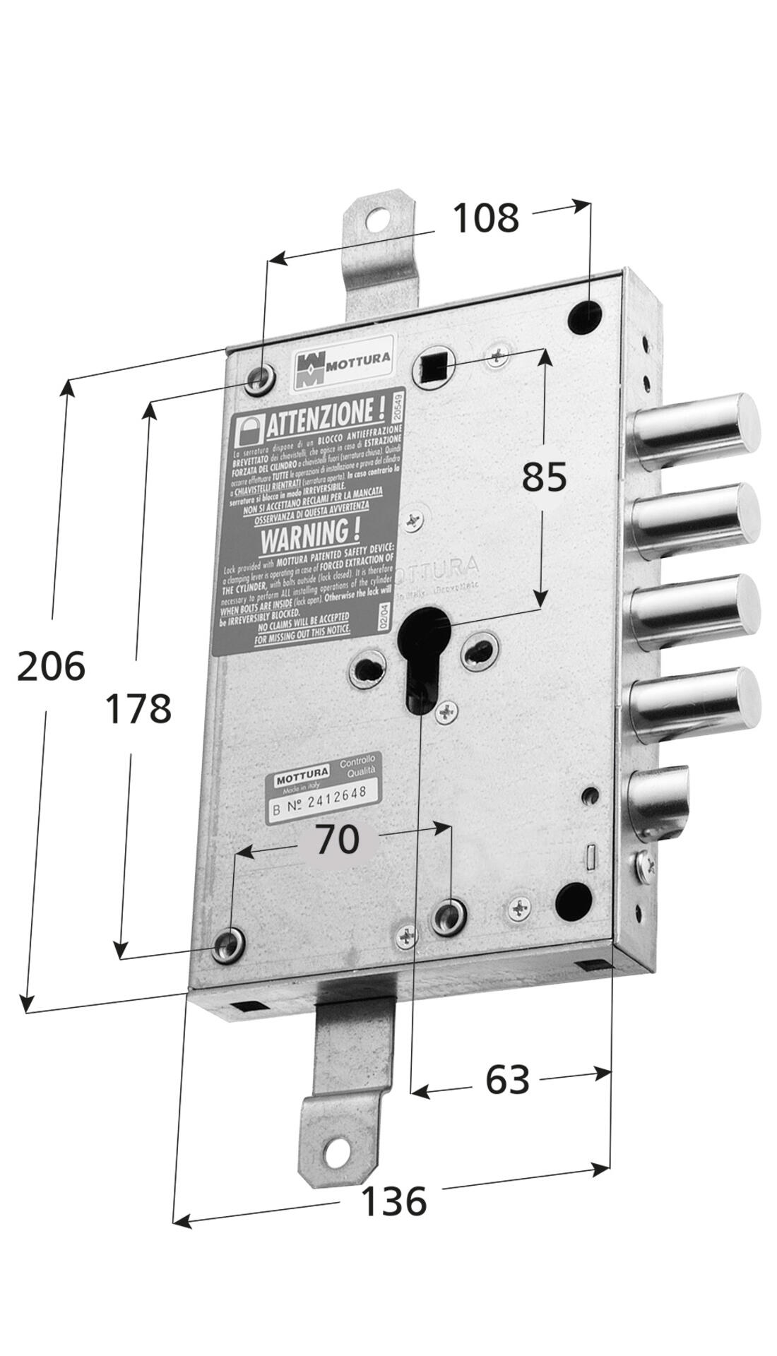 SERRATURA RICAMBIO EFFEPI APPLICARE TRIPLICE A CILINDRO 4 MANDATE E SCROCCO INTERASSE 28 DX MOTTURA - Serrature