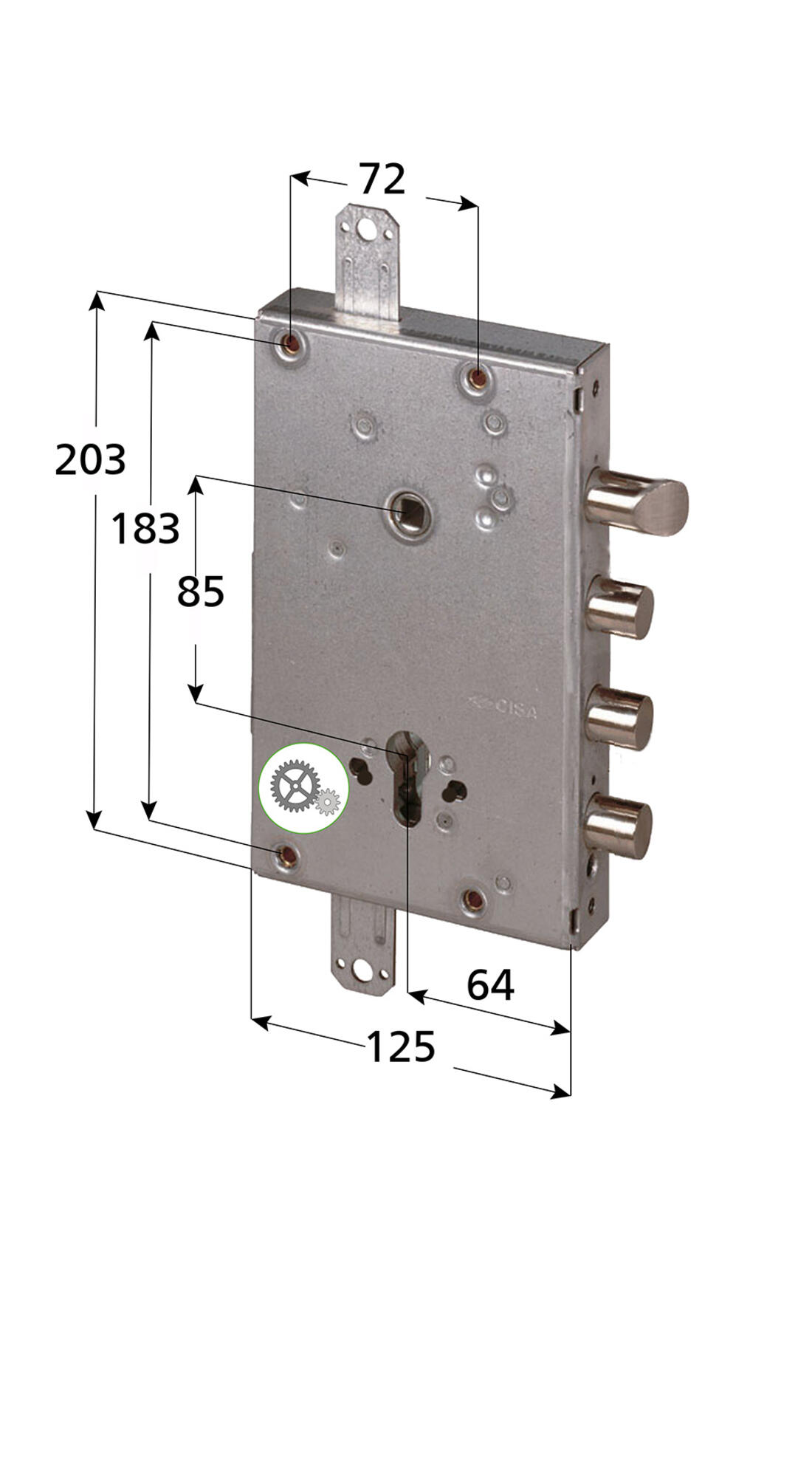 SERRATURA RICAMBIO A CILINDRO CISA APPLICARE TRIPLICE AD INGRANAGGI 2 MANDATE E SCROCCO REVERSIBILE INT.38 SPOR.CAT.10 - Serrature