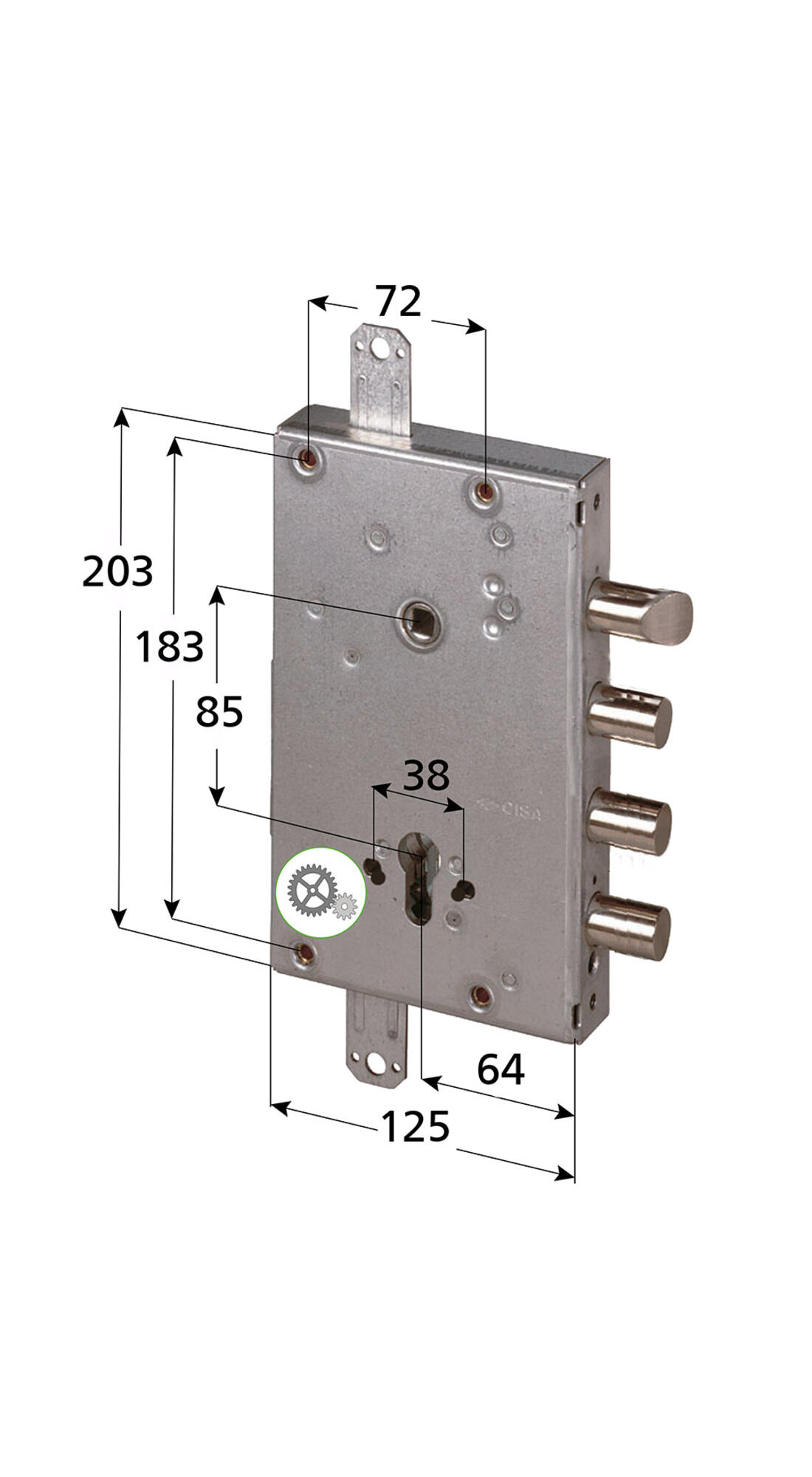 SERRATURA RICAMBIO A CILINDRO CISA APPLICARE TRIPLICE AD INGRANAGGI 2 MANDATE E SCROCCO REVERSIBILE INT.38 SPOR.CAT.21,5 - Serrature