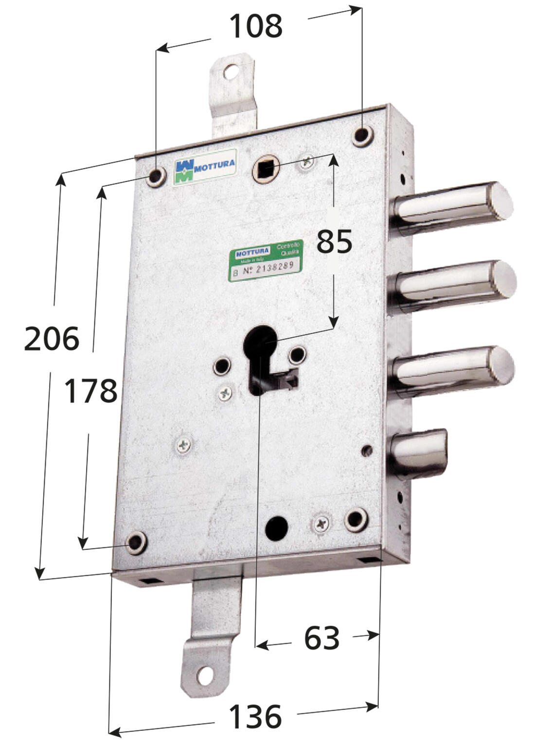 SERRATURA DI RICAMBIO PORTE BLINDATE APPLICARE TRIPLICE A CILINDRO 2 MANDATE SCROCCO REVERSIBILE INTERASSE 37 DX MOTTURA - Serrature