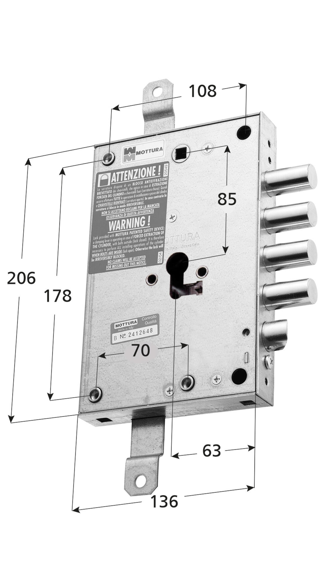 SERRATURA RICAMBIO BLINDATE APPLICARE TRIPLICE A CILINDRO 2 MANDATE E SCROCCO INTERASSE 25 DX MOTTURA - Serrature