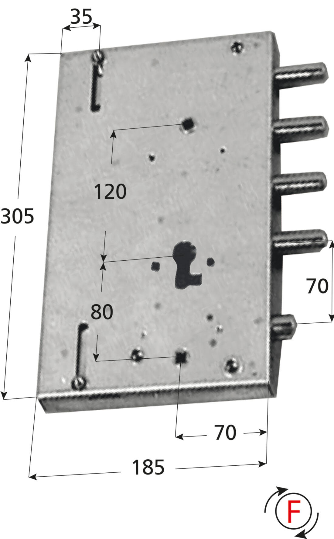 SERRATURA DI RICAMBIO GARDESA APPLICARE TRIPLICE CILINDRO SPOR. CAT. 3 FISSAGGIO CON 3 BUSSOLE SX MOTTURA - Serrature