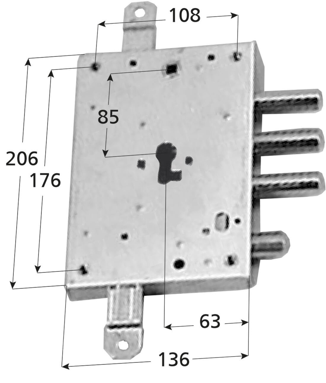 SERRATURA DI RICAMBIO GARDESA APPLICARE TRIPLICE CILINDRO SPOR. CAT. 10 FISSAGGIO CON 4 BOCCOLE M5 DX MOTTURA - Serrature