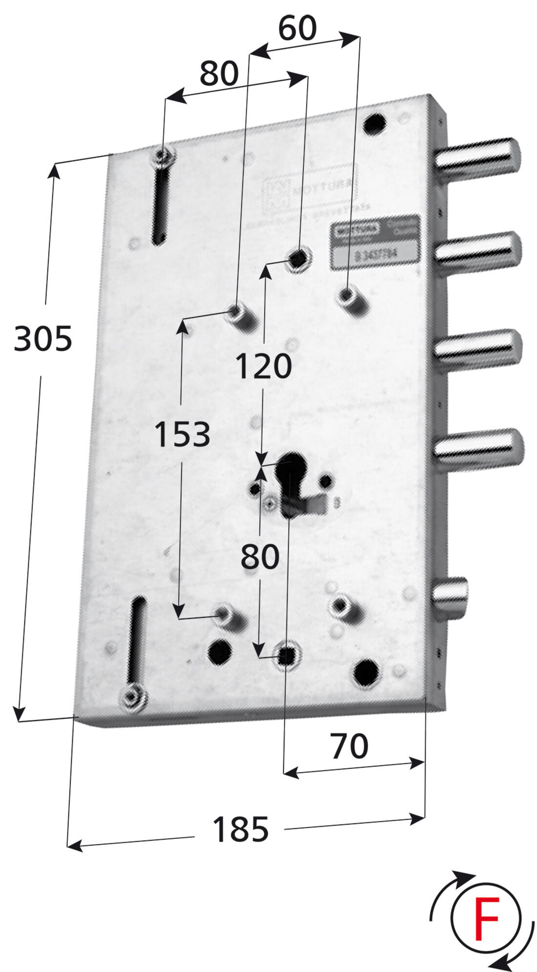 SERRATURA DI RICAMBIO GARDESA APPLICARE TRIPLICE CILINDRO SPOR. CAT. 3 FISSAGGIO PERNI LARGH.185 DX MOTTURA - Serrature