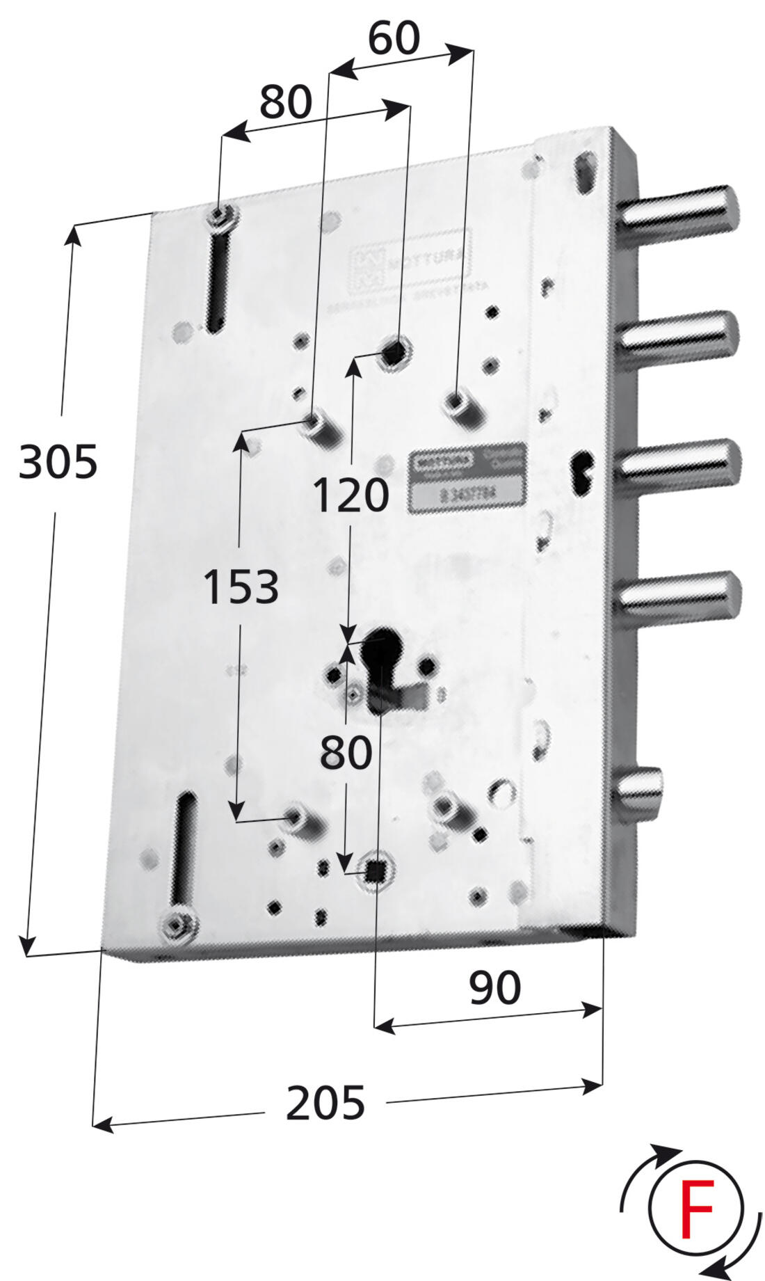 SERRATURA DI RICAMBIO GARDESA APPLICARE TRIPLICE CILINDRO SPOR. CAT. 3 FISSAGGIO PERNI LARGH.205 DX MOTTURA - Serrature