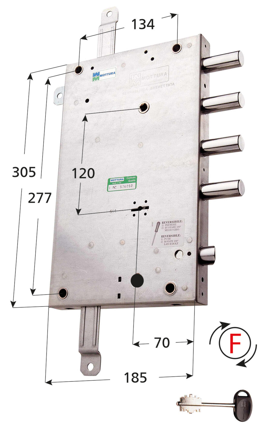 SERRATURA PORTE BLINDATE APPLICARE SCROCCO REVERSIBILE CORSA CATENACCIO 40 DX MOTTURA - Serrature