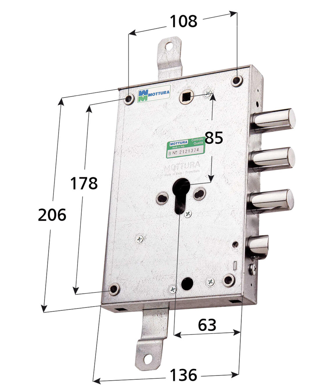 SERRATURA PORTE BLINDATE APPLICARE TRIPLICE A CILINDRO 2 MANDATE INTERASSE 37 DX MOTTURA - Serrature