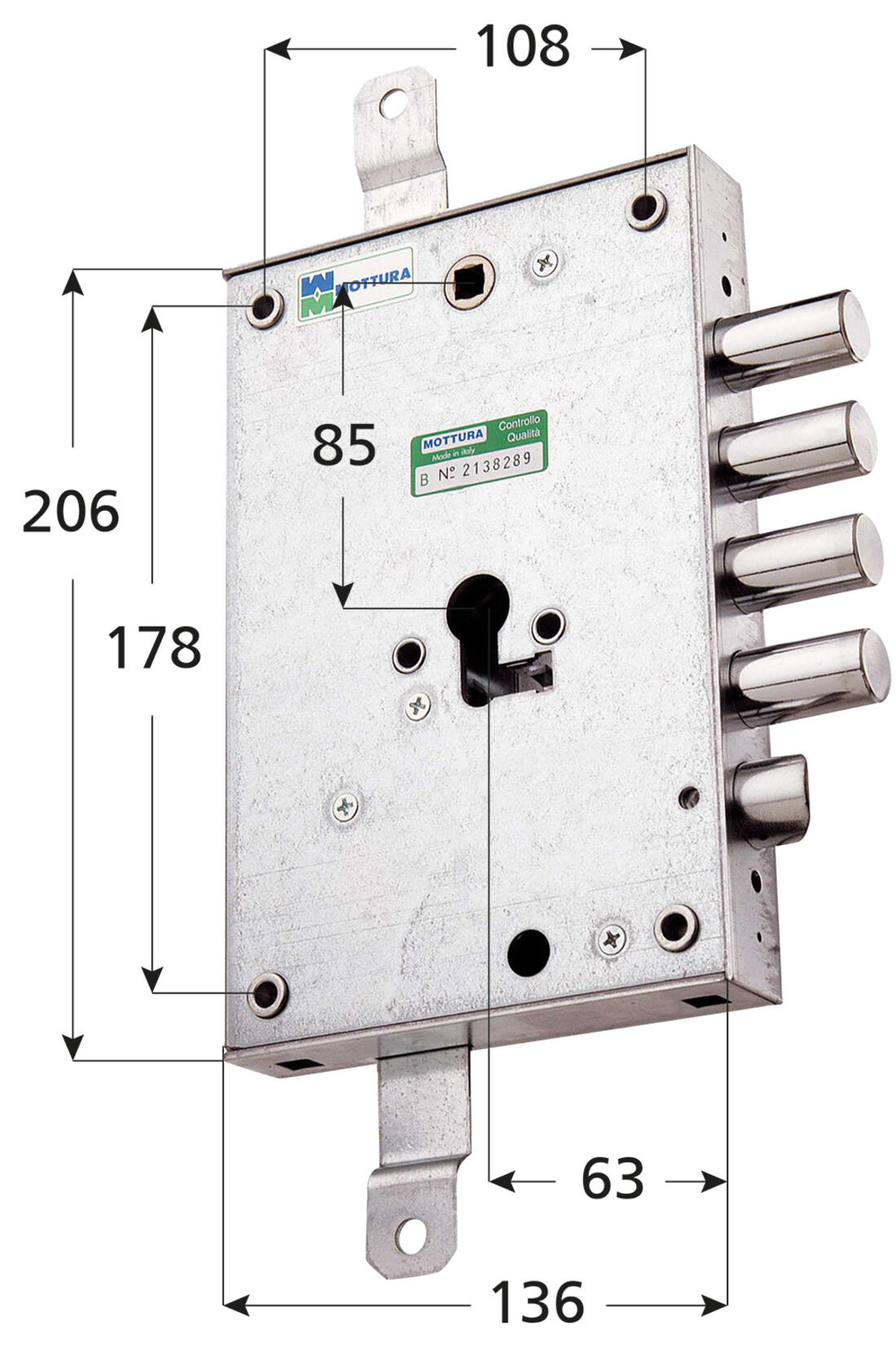 SERRATURA PER BLINDATE APPLICARE TRIPLICE A CILINDRO 2 MANDATE E SCROCCO REVERSIBILE INTERASSE 28 DX MOTTURA - Serrature